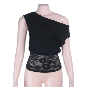 Sexy black one-shoulder T-shirt with sheer floral lace patchwork and slim fit design