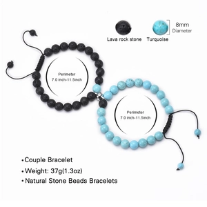 Bracciali magnetici per coppie con pietre naturali di lava e turchese da 8 mm
