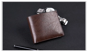 Close-up of a deep brown textured leather men's short bifold wallet on dark background