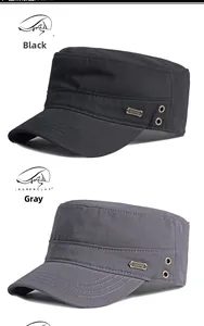 Detail view of cotton cadet caps in black and gray with metal vents and sports badge