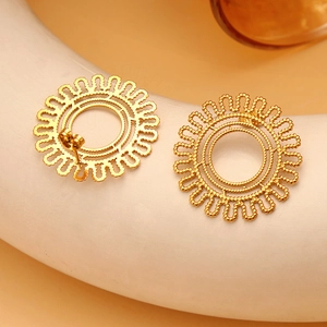 Macro shot of 18K gold-plated stainless steel sunflower earrings with beaded edges