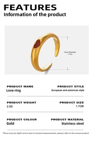 Detailed view of 18K gold plated stainless steel heart ring with specs and dimensions