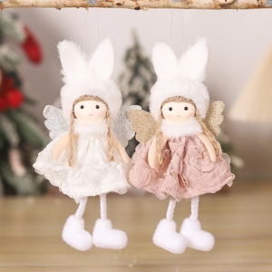 Plush angel rabbit hanging ornaments in pink and white with lace for Christmas decor