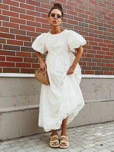 Robe En Coton À Manches Bouffantes Pour Femmes Col Rond Manches Courtes Couleur Unie Plissée Taille Haute Robe Midi Été Blanc