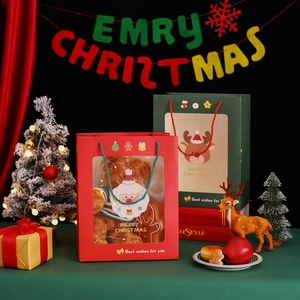 Christmas gift bags with transparent window, Santa and reindeer illustrations and handles