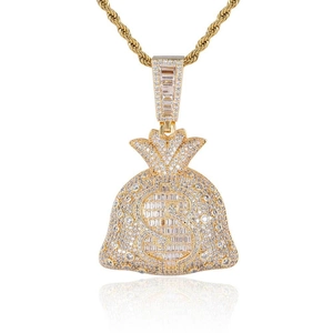 Collier hip hop avec pendentif sac d'argent doré orné de zircons cubiques et chaîne torsadée