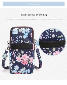 Detail view of the floral nylon mini bag showing the rear elastic arm strap for sports