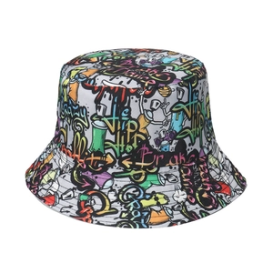 Detailed close-up of hip hop bucket hat featuring colorful graffiti prints and street art