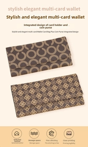 Detailed view of long leather wallets with multiple card slots and floral print patterns