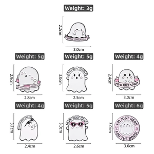Detail showing weight and dimensions of various cartoon ghost enamel pins for Halloween