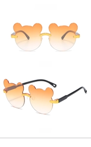 Kids bear shaped rimless sunglasses with orange gradient lenses and golden nose bridge