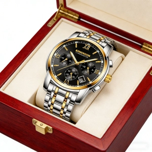 Luxury men's KINGNUOS stainless steel watch with black dial in a red wooden gift box