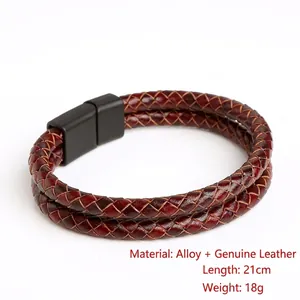Men's double-layered vintage leather braided bracelet with an alloy magnetic clasp