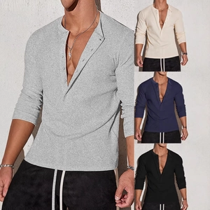 Men Henley Shirt Long Sleeve Waffle Knit Slim Fit Button V Neck Sports Fitness Casual Muscle Tee Tops