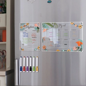 Clear acrylic magnetic dry erase boards for fridge with floral details and 6 markers