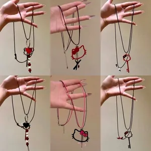 Clavicle Necklace Alloy Bow Pendant Wax Rope Cord Heart Key Hollow Sweet Cool Fashion Jewelry For Women