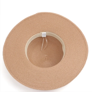 Khaki woven paper straw sun hat with wide brim and adjustable inner sweatband