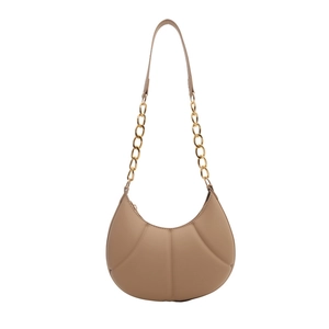 Minimalist beige crescent armpit bag with quilted texture and gold chain strap