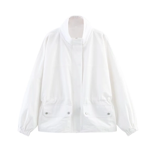 Women High Collar Utility Jacket Cinched Waist Streetwear Coat White Solid Color Polyester Iron-Free Windproof Outerwear