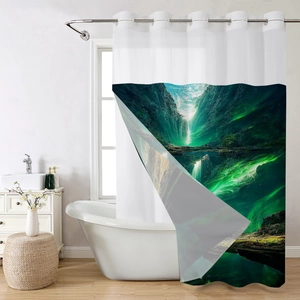 Waterproof waffle print shower curtain featuring a green aurora mountain landscape design
