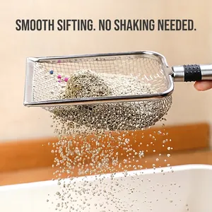 Fine mesh stainless steel cat litter scooper with long anti-slip handle and sifting action
