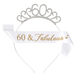 Detail of silver 60th birthday tiara with rhinestones and white 60 & Fabulous satin sash