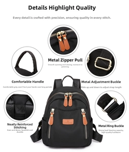 Detail view of black nylon backpack featuring gold hardware and leather zipper pulls