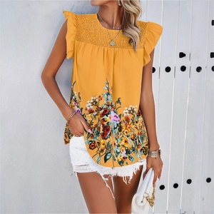 Sleeveless floral print round neck blouse in yellow with ruffle trim for casual women's style