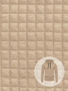 Close-up of khaki waffle knit fabric and drawstring detail on men's casual hoodie
