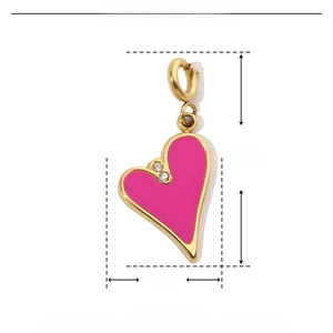 Detail of a pink enamel heart pendant with stainless steel spring clasp and dimensions