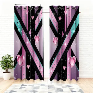 Detail view of pink heart velvet curtains with metal grommets and sizing dimensions