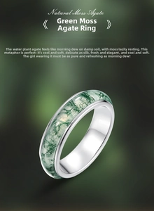Detail shot of natural moss agate ring with green textures in S925 silver setting