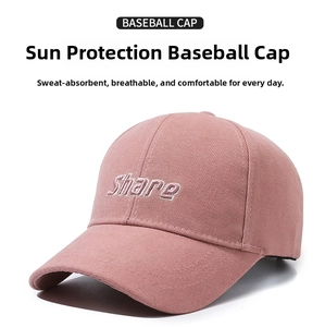 Detailed embroidery of 'Share' text on a rose pink cotton twill baseball cap fabric
