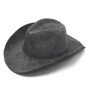 Dark grey suede cowboy hat with classic wide brim and structured crown on white background
