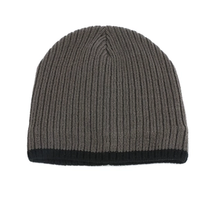 Detailed view of the thick ribbed knit texture and charcoal grey beanie with black trim