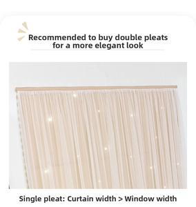 Detail view of white sheer curtain with LED star lights and elegant pleat design