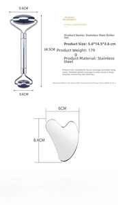 Detailed dimension guide for stainless steel facial roller and heart-shaped gua sha tool