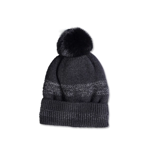 Detailed close-up of a black knit beanie with silver metallic threads and a large faux fur pom-pom