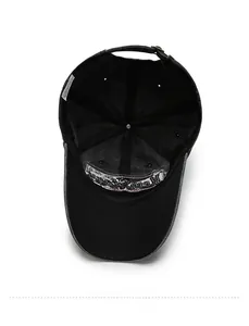 Internal view of black cotton baseball cap showing six-panel structure and sweatband