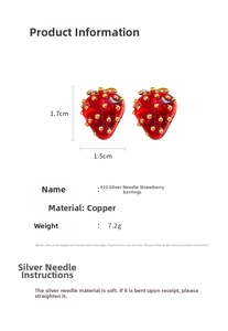 Detail showing red strawberry stud earrings with 925 silver needle and size measurements