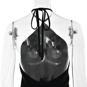Detail of the back tie-up design on the black halter neck backless dress for women