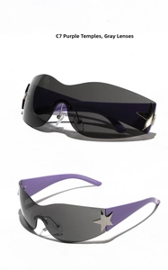 Detail of Y2K rimless sunglasses with purple temples and silver star metal accents