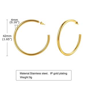 Macro detail of 42mm IP gold plated stainless steel C-shaped earrings with size specs