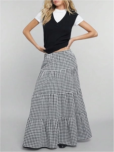 Women Gingham Plaid Tiered Long Skirt High Waist Elastic A-Line Layered Retro Casual Maxi Skirts Polyester