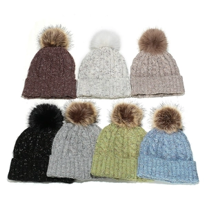 Women Winter Knit Beanie Hat With Faux Fur Pom-pom Thermal Cable Knit Cuffed Acrylic Mixed Yarn Outdoor Warm