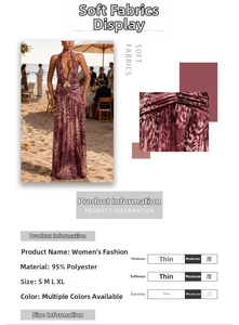 Detail view of purple leopard halter dress showing v-neck design and fabric information
