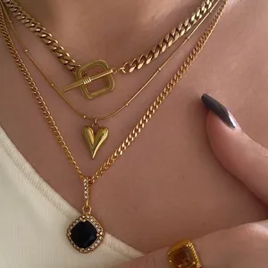 Copper Layered Necklace Heart Pendant Square Zircon Choker OT Buckle Vintage Plated Gold Jewelry For Women