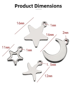 Dimensions détaillées des breloques lune et étoile en inox avec mesures de trou