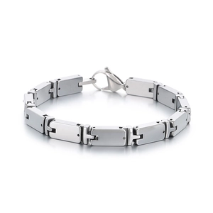 Minimalist silver men's tungsten steel bracelet with interlocking modular H-links and lobster clasp