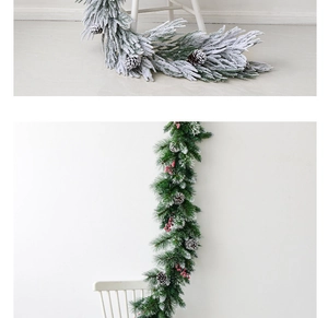 Detail of luxury frosted Christmas garland with PE needles, pine cones and red berries